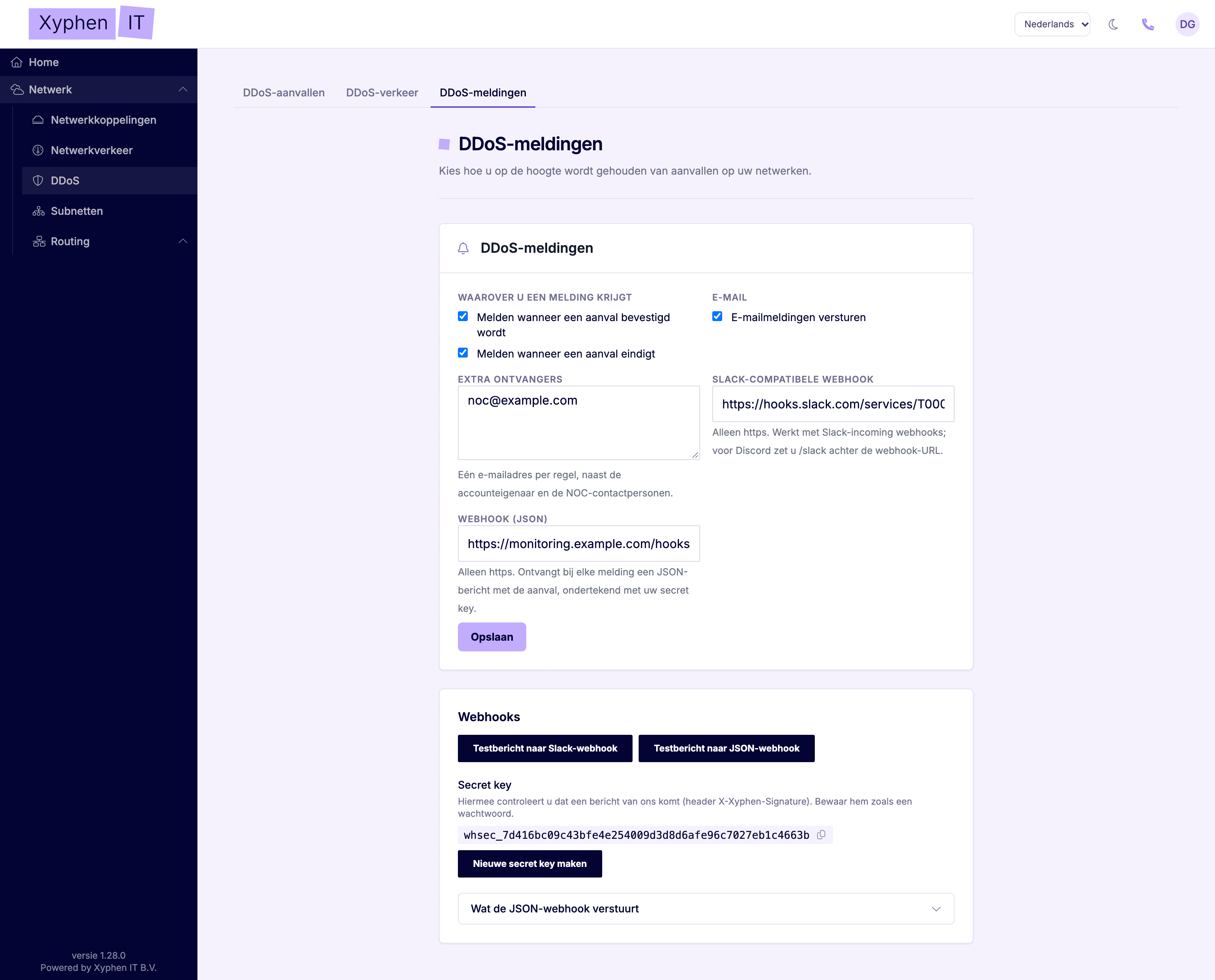 Instellingen voor DDoS-meldingen met e-mail, extra ontvangers en webhooks