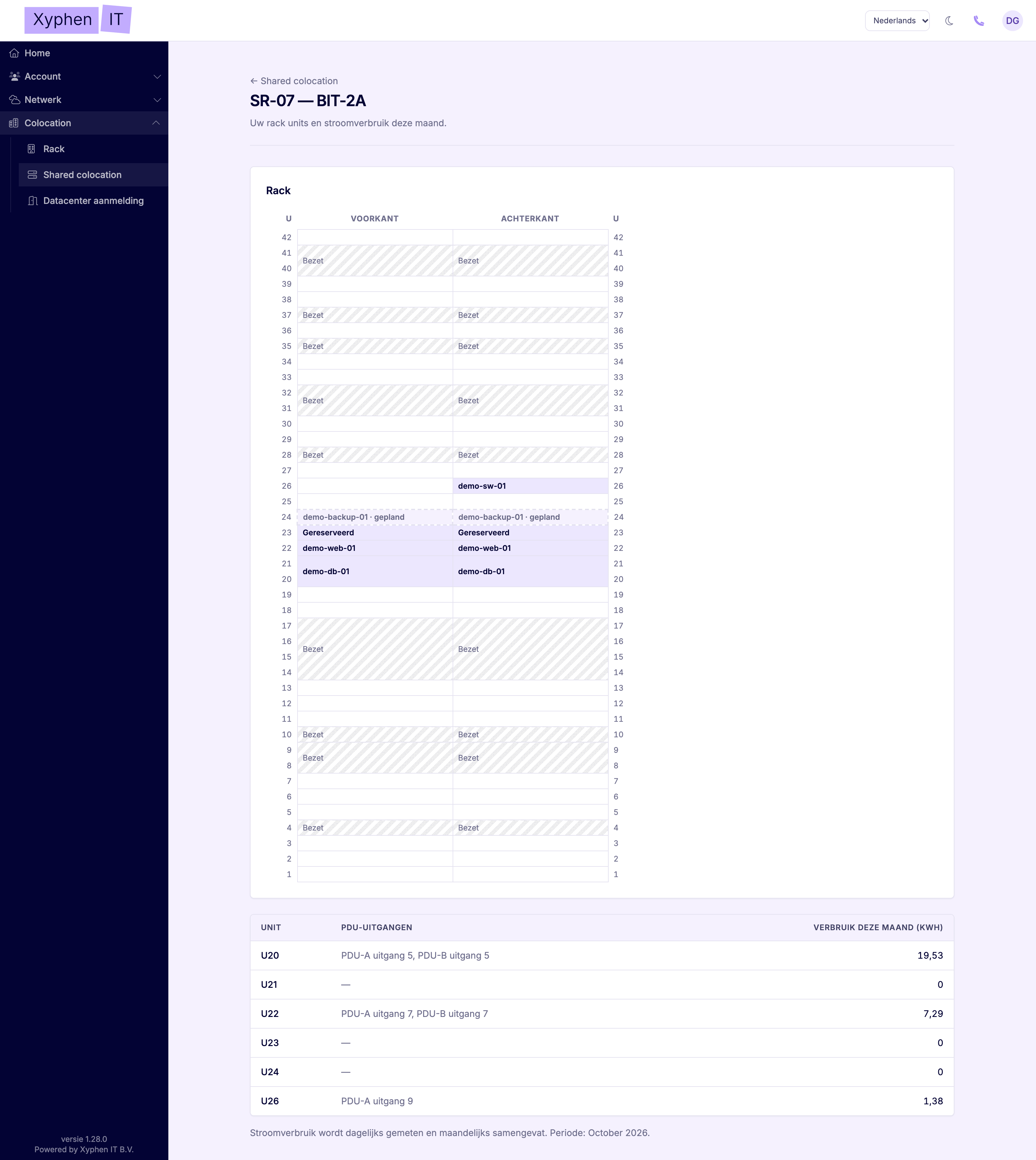 Racktekening in het Xyphen IT-dashboard met voor- en achterkant per unit, eigen apparatuur gemarkeerd en bezette units van anderen gearceerd